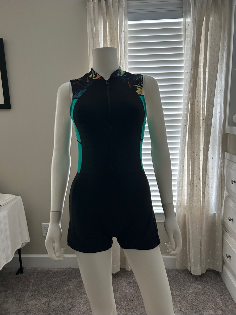 Black and Teal Sleeveless Swim Romper with Tropical Accents Size M